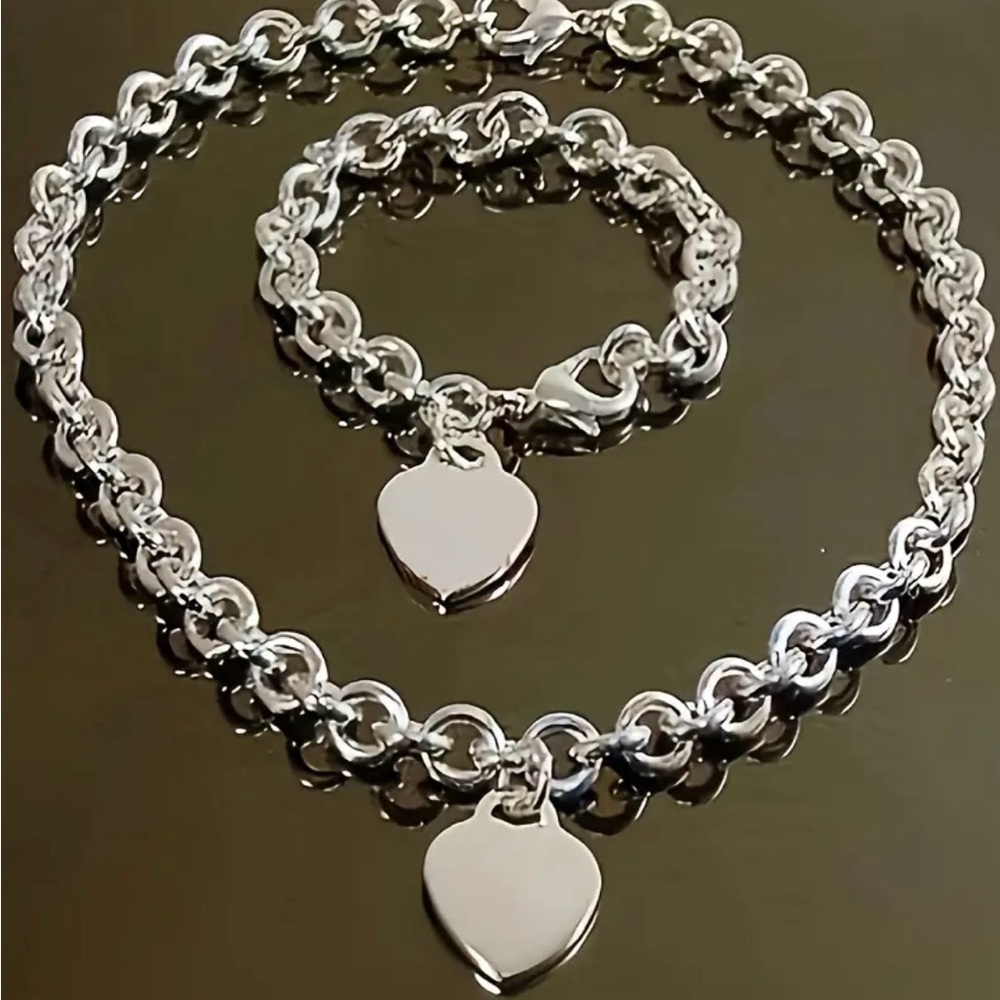 Silver Heart Charm Necklace and Bracelet Set